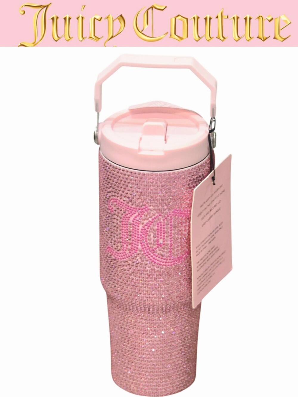 Juicy Couture Home Pink Crystal 30oz Stainless Steel Tumbler w/Flip Up Straw